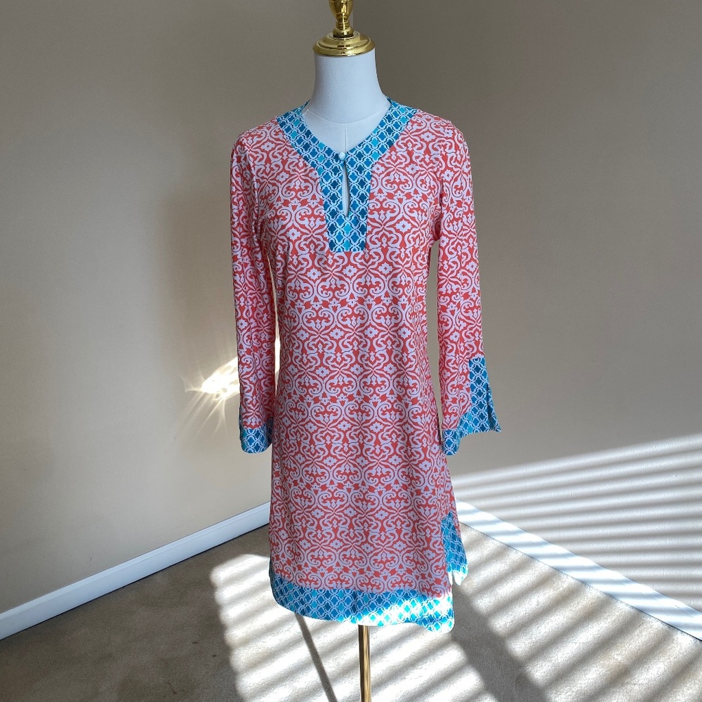 Cabana Life Coral Tides Tunic Dress (Teal and Coral) Size Small